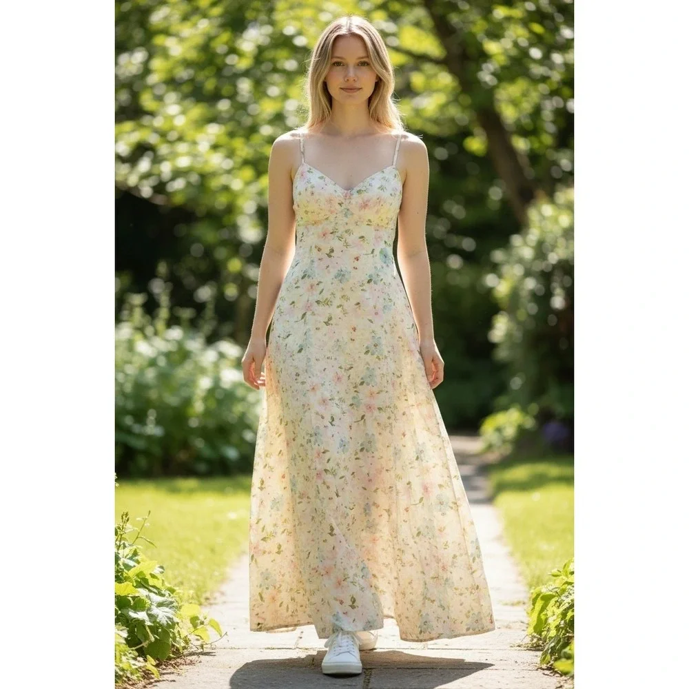 Abercrombie & Fitch Floral Maxi Dress Womens Small Pastel Pink Blue Cottagecore